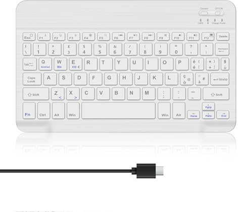 WAVATA Tastiera Bluetooth per iPad 10/10.2, Air 11, Samsung Galaxy Tab A9+/S6 Lite, Ricaricabile Tastiera Wireless per Tablet (10.9/11 Pollici) iOS/Windows/Android, Ultra Sottile, QWERTY, Bianco
