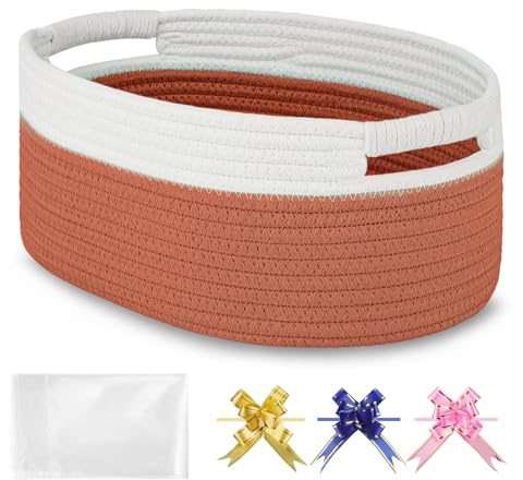 BOSROTY Small Woven Basket with Gift Bags and Ribbons, Empty Baby Gift Baskets for Kids Women Men, Nursery Storage, Small Cat Dog Pet Toy Boxes, 33 x 23 x 14 CM, Autumn Glaze