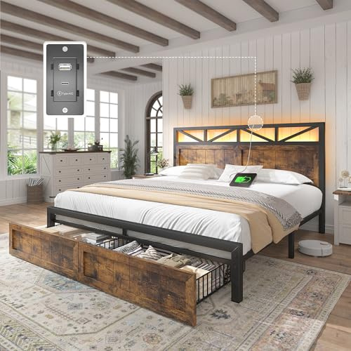 EnHomee Queen Farmhouse Bed Frame, 2 Bed Drawers, LED & USB-C, Rustic Brown