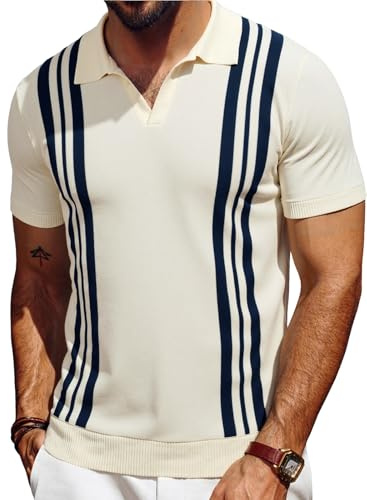 Les umes Polos para Hombres de Punto con Manga Corta, Rayas y Cuello en V, Camisas Casuales de Verano para Golf