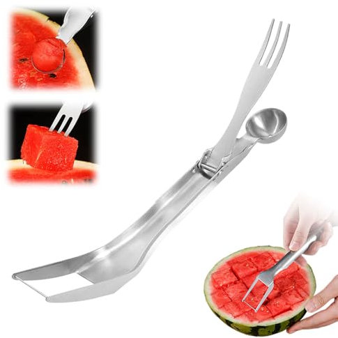 3-in-1 Watermelon Fork Slicer Cutter, 2025 Aktualisierung Edelstahl Wassermelonen Schneider, Melonen Würfel Wassermelonen Messer Obstschneider für Wassermelone Honigmelone und Andere Früchte (1)