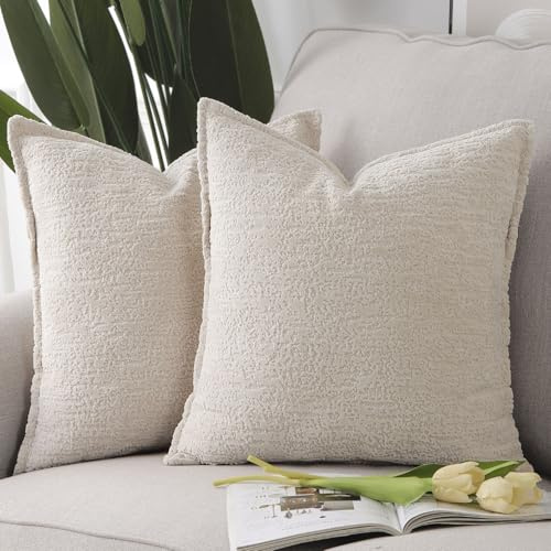Madizz Pack of 2 Chenille Velvet Cushion Covers 40x40 cm Light Beige Soft Neutral Decorative Throw Pillow Covers Accent Boho Pillowcases for Couch Sofa Modern Farmhouse Home Decor