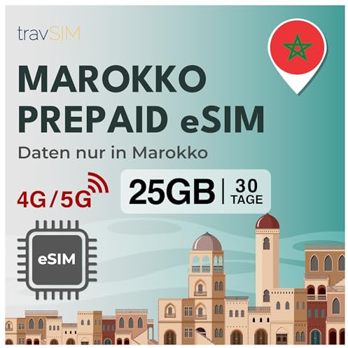 travSIM eSIM Marocko | 30 dagar – 25 GB SIM | 5G/4G höghastighetsdata | Obegränsad internetåtkomst för Google, Facebook, Whatsapp, Instagram med mera
