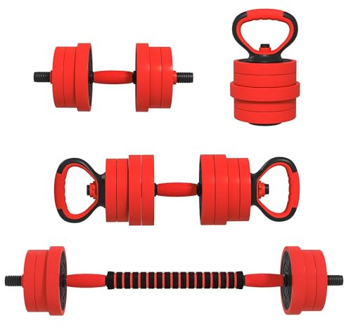 SPORTNOW Kit haltères musculation 4 en 1, haltères réglables 20 kg avec barres, disques, clips de sécurité, revêtement plastique, équipement de gym à domicile, rouge