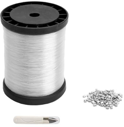 Juego de hilo de nailon de 0,8 mm, 200 m, hilo de pesca transparente como hilo invisible para colgar y manualidades, 120 casquillos de aluminio para engarzar, mini tijeras, máx. 16 kg