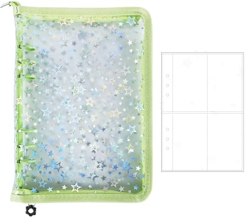 Toyhood A5 Photocard Binder with 25 Inner Pages, Star Pattern, 4-Pocket Card Pages, Kpop Card Photo Collector Cards Holder with Zipper, for Organizing Trading Cards Photo Stamps Receipts (Green)