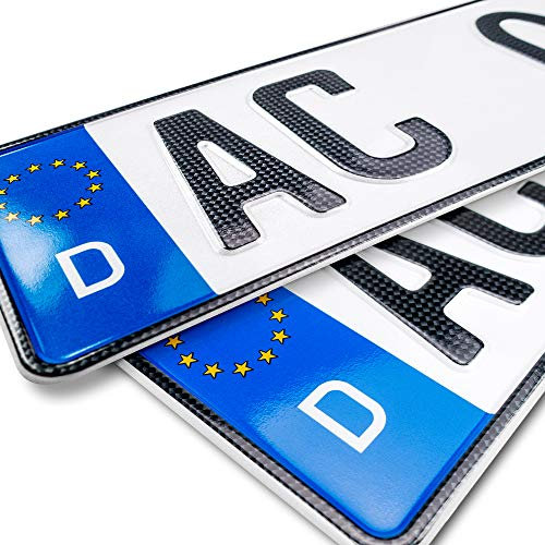 schildEVO 2 Carbon Kfz Kennzeichen | 460 x 110 mm | OFFIZIELL amtliche Nummernschilder | DIN-Zertifiziert – EU Wunschkennzeichen mit individueller Prägung | Autokennzeichen