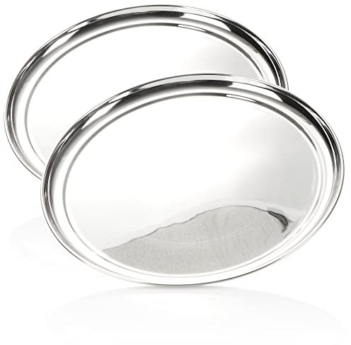 com-four 2 plateaux de service en acier inoxydable - Plateau rond pour servir et décorer - Plateau de service brillant (2 pièces - environ 33 cm avec bordure)