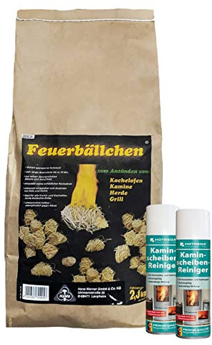 HOTREGA Kaminscheiben Reiniger + Feueranzünder, Hochleistungs-Aktivschaum-Reiniger für Glas, Kunststoffe, Metalle (2x 300ml, Feueranzünder 2,5kg)