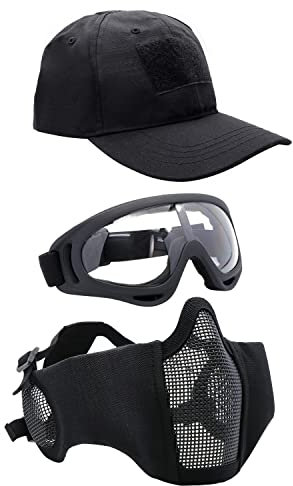 Yzpacc Airsoft Half Face Mask with Goggles Hat Set Tactical Masks Full Face Ear Protective Baseball Cap for CS Halloween and Cosplay Game