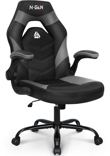 N-GEN Video Gaming Chair Ergonomic Computer Desk Office Chair with Lumbar Support Adjustable Height Swivel Wheels Flip-Up Arms PU Leather Home and Office (Grey)