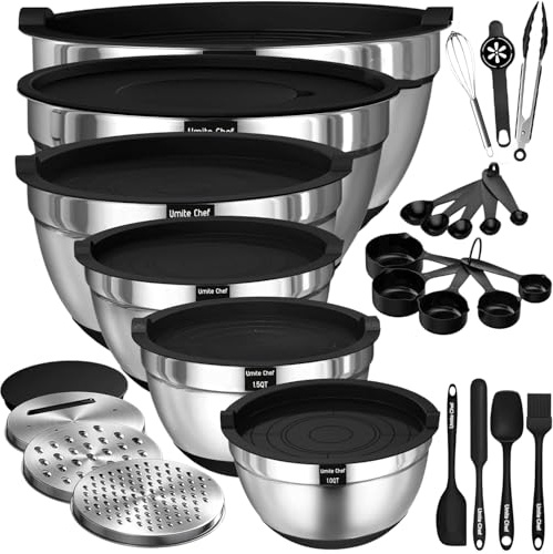 Thickened Heavy-Duty 26pcs Stainless Steel Bowl, Mixing Bowl Set with Lid, Grater Attachment, Non-Slip Bottom and Kitchen Gadget Set, Sizes 7, 4, 2.5, 2.0, 1.5, 1QT, Ideal for Mixing and Serving