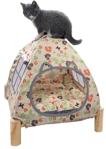 Nockovi 2-in-1 Elevated Cat Tent Cat House, Quick Assembly and Disassembly, Portable Indoor/Outdoor Cute Cat Bed Cave-Butterfly and Flower