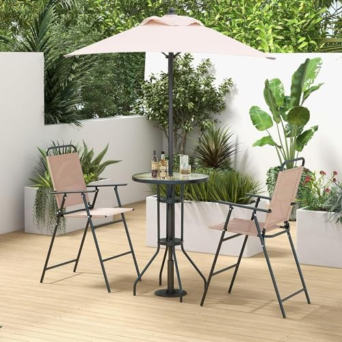 GIANTEX Set di Mobili da Giardino Con Ombrellone, Tavolo da Bistrot Con 2 Sedie Pieghevoli, 4 Pezzi, Set da Balcone Rotondo