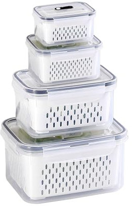 Ruiqas 4 Contenitori Salvafreschezza con Coperchio Organizer per Frigorifero con Griglia di Scolapiatti per Conservare Frutta Verdura e Bacche