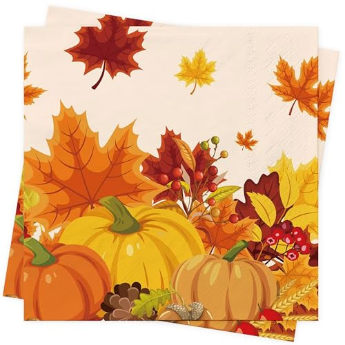 AFYHH Autumn Fall Napkins 40Pcs Thanksgiving Autumn Decorations Thanksgiving Table Decorations Halloween Fall Paper Napkins Autumn Leaves Pumpkin Napkin Harvest Party Supplies