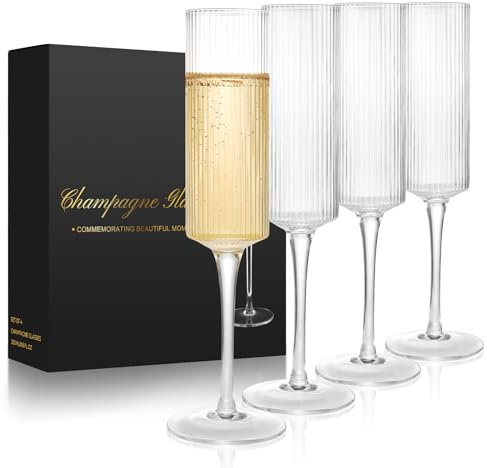 Qulable Champagne Flutes Set of 4 - Elegant Champagne Glasses for Champagne, Prosecco, Wedding Gift, Engagement Gifts for Women, 250ml Vertical Stripe Glasses for Anniversary, Christmas (4, Pinstripe)