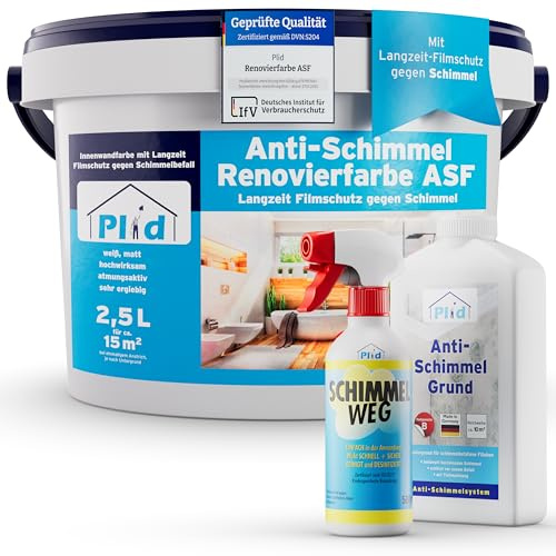 Plid Anti-mögel renoveringsfärg inomhus vit 2,5 l inkl. spray + primer [SANIER-set] – anti-mögelfärg för fuktiga rum, badrum och kök – väggfärg vit – långsiktigt skydd mot mögel