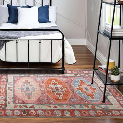 Türkischer Teppich, waschbar, Vintage, orientalisch, antik-inspiriert, traditionell, klein, modern, für Eingangsbereich, Schlafzimmer, Badezimmer, Küche (378RR, 60 x 90 cm)