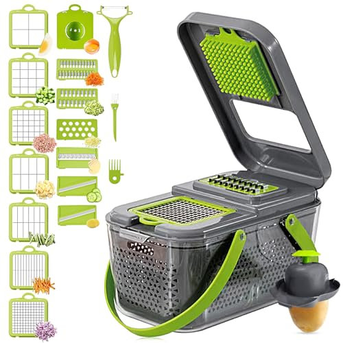 22 in 1 Gemüseschneider, Multifunktional Mandoline Gemüsehobel Schneider Würfelschneider mit 13 Austauschbare Klingen Vegetable Chopper Dicer für Hobeln von Obst Gemüse,Karotte,Kartoffel,Zwiebel