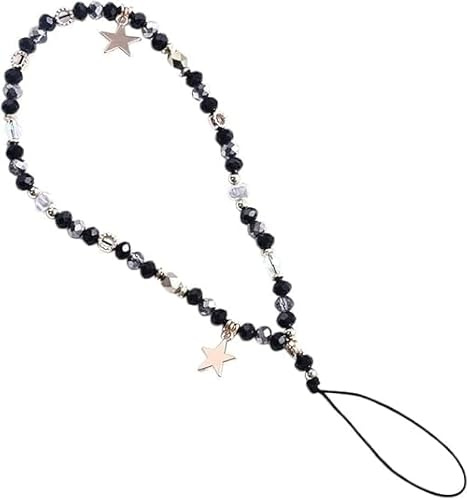 Nlinlin Five-Pointed Star Pendant Beaded Phone Chain,Cute Phone Charms Beaded Strap Romantic Mobile Strap Detachable Lanyard, Cell Charm Decor (Black)