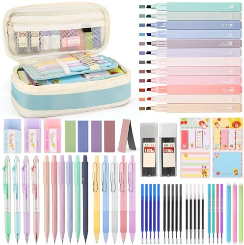 DazSpirit 62Piezas Set Papelería Estética con Estuche Plegable, 12 Resaltadores Pastel, 4 Bolígrafos Borrables, 5 Bolígrafos Gel, 6 Portaminas – Suministros Escolares para Niñas y Adolescentes (Azul)