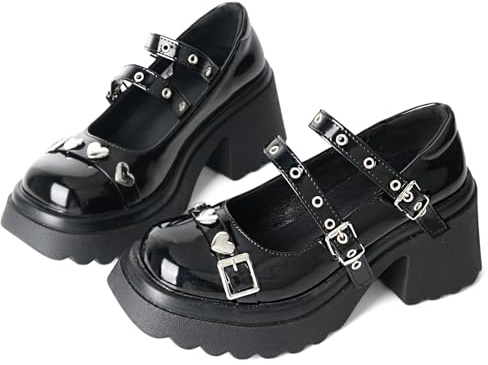 MEOTINA Mary Janes Cute Bowknot Shoes Women Shoes Platform Strappy High Heels Kawaii Shoes, Black lacquer, 8.5 UK