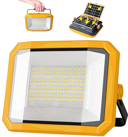 Projecteur LED Rechargeable 100W, Projecteur LED Chantier Portable 12000LM Super Lumineux 13000mAh avec 2 Panneau Solaire, 4 Modes d'éclairage pour Site de Construction, Camping, Atelier