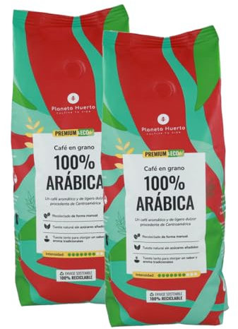 PLANETA HUERTO | Pack 2x Café en Grano Ecológico 100% Arábica 1 Kg – Café en Grano bio premium de sabor suave y afrutado, ideal para espresso, cafetera italiana y prensa francesa