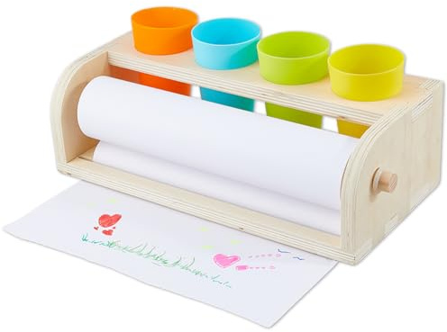 DICOSMETIC Wood Paper Roll Dispenser Including 4Pcs 4 Colors Plastic Pen Cup and 1Roll Paper Rolls Craft Paper Roll Holder Desktop Easel for Drawing Writing Doodle Art