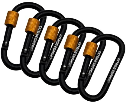 Paquete de 5 mosquetones resistentes con tornillo negro y dorado, cierre de tornillo de anillo en D de aluminio para camping, senderismo, supervivencia y equipo al aire libre