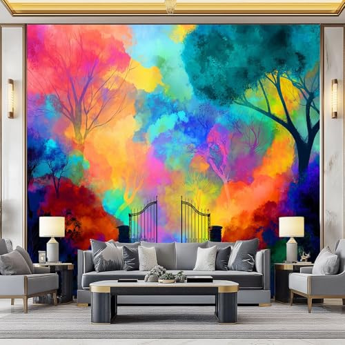 WHUOEUCO Papel Pintado Panorámico Puerta Hierro Con Forma Árbol Colores 250x175 cm Fotomurales Artes 3D Papel Tapiz Tejido No Tejido, para Salón Dormitorio Murales Decoración Pared De Tv