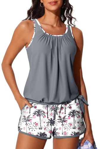 Summer Mae Blouson Women’s Tankini Swimsuits with Shorts Tummy Control Bathing Suits Side Pockets Lilac Leopard Palm X-Large 2026