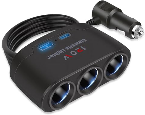 LAIVIYA Adaptador Mechero Coche a Enchufe, 5 En 1 Ladrón Mechero Coche con 3 Puertos Mechero+1 Puerto USB+1 Conector PD, 120w Cargador Coche para Coches 12v/24v