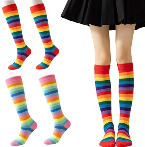 OIXEYA 2 Pares Calcetines Largos Mujer, Extra Largos Calcetines Hasta la Rodilla Sobre la Rodilla Medias Hasta el Muslo, Calcetines de rayas Arcoíris, Algodón para Mujer Calcetines Largos Calcetines