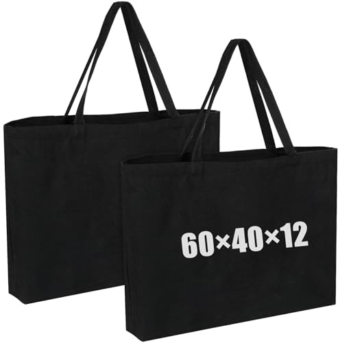 HOCUCHELAND 2 Pezzi Grandi Tote Bag, 60×40×12cm Borsa Spesa con Cinturini Maniglia, Riutilizzabile Borsa Tela, Multifunzione Senza Stampa Shopping Bag Donna per Viaggi, Sport, Vita Quotidiana (Nero)