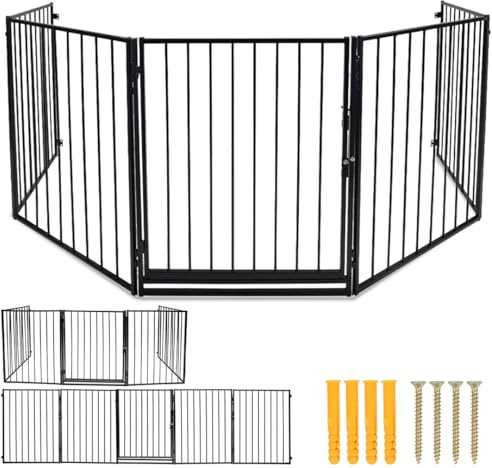 Peviasot Kaminskydd med dörr, metallugnsskyddsgaller, gånghage, vikbar design, 310 cm ugnsskyddsgaller, skyddsgaller 5-delat set, verktygsfri montering, svart
