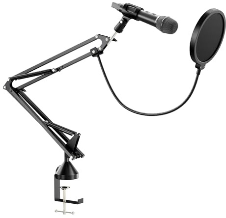 walimex pro Set Microfono Boya HM2 + braccio microfonico, microfono a mano con connessione USB-C e cavo da 120 cm, braccio microfonico da tavolo a 360° con filtro anti-pop e protezione antivento