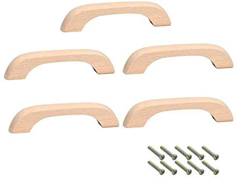 Mysummer Lot de 5 poignées en bois massif pour tiroirs avec revêtement transparent et lisse Distance entre les trous 9,6 cm – Pour meubles, armoire, placard, tiroir (inachevée)