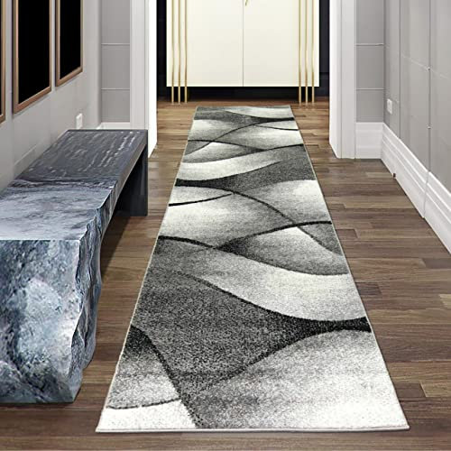 Teppich-Traum Flur Läufer modern Wellen Design in schwarz grau anthrazit - pflegeleicht & strapazierfähig Größe 80 x 300 cm