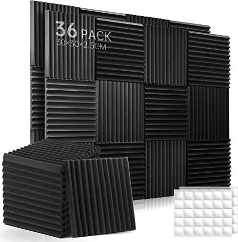 Soundsbay Akustikschaumstoff 36 Stück Schalldämmung Schallschutz Wand mit Aufkleber Hohe Dichte Schallabsorber für Podcasts Reduzieren Innengeräusche und Echo, 30x30x2.5cm