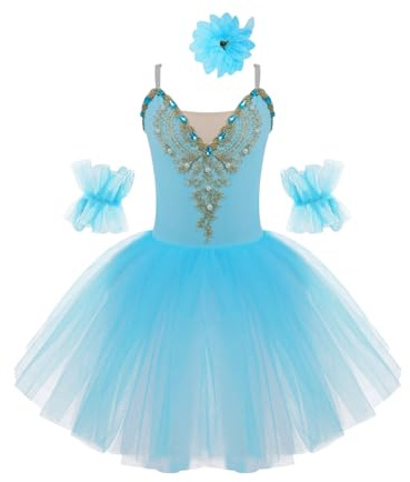 Freebily Vestito da Balletto Bambina Leotard Tutu da Danza Classica Ballerina Abito da Principessa Senza Maniche con Strass Abito da Pattinaggio Artistico Vestito Ginnastica Azzurro 9-10 Anni