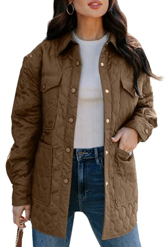EVALESS Diamond Quilted Jackets for Women Lightweight Collar Long Sleeve Button Down Puffer Jacket Fall 2025 Coat Outerwear with Pockets Brown Medium