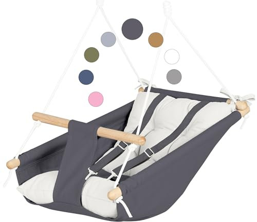 Leinwand Baby Hängematte Schaukel von Cateam - Grau-Weiß - Hängende Schaukel aus Holz für Baby mit Sicherheitsgurt und Montageteilen. Baby Hängemattenstuhl Geburtstagsgeschenk.