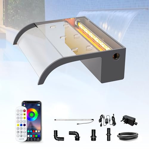 LONGRUN Kit de Cascade de 30cm pour Bassin, Lame de Cascade en Acrylique incurvée avec éclairage LED Bluetooth 7 Couleurs et Télécommande, Largeur 26cm