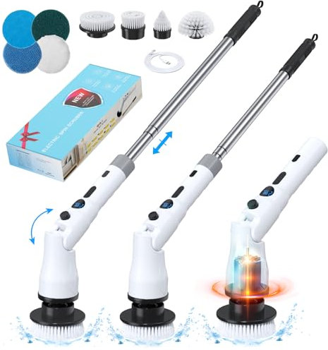Horett Elektrische Reinigungsbürste, 2024 Neues Kabellos Spin Scrubber mit 8 Austauschbaren Bohrbürstenköpfen, Zwei Einstellgeschwindigkeiten & 33-143cm Verlängerter Griff, für Bad/Fliesen/Boden/Küche