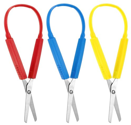 3Pcs Loop Scissors Adaptive Design Scissor Colorful Handle Self-Opening Safety Scissors for Kids Children Schools Special Need 5.5 Inch(Red,Blue,Yellow)