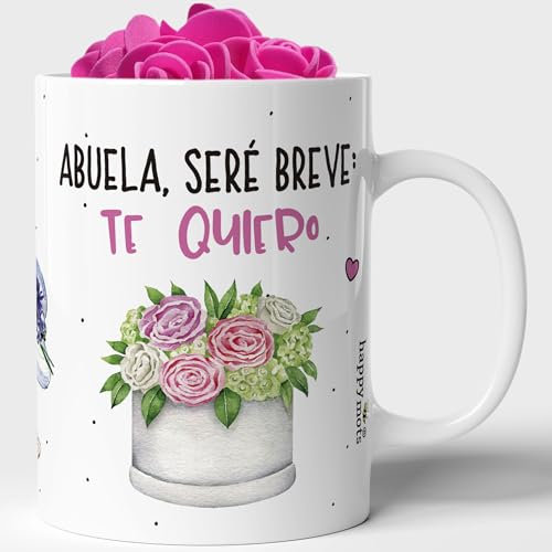 HappyMots Regalo para Abuela | Taza de Cerámica con 4 mini Rosas de Regalo | Taza Abuela Apta para Microondas y Lavavajillas | Tazas originales para regalar | Viene en una Bonita Caja