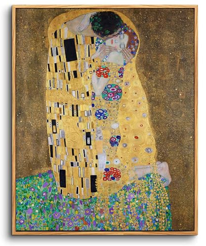 hyidecorart Vintage Leinwand Bilder mit Rahmen Holz, 40x60 cm Wandbilder Wohnzimmer Der Kuss Liebhaber Gustav Klimt Kunst, Wanddeko Schlafzimmer Gemälde Badezimmer Büro Zimmer Esszimmer Flur