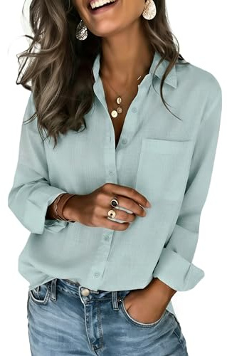 Zeagoo Linen Shirts for Women Loose Fit Long Sleeve Cotton Blouses Spring 2025 Button Down Sage Green